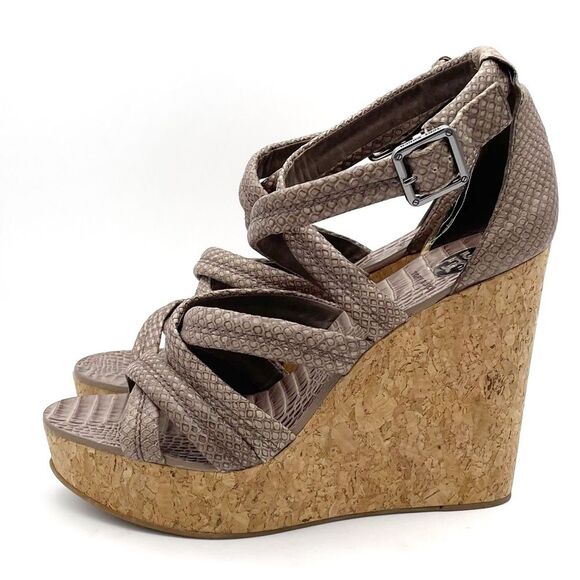 Tory Burch Taupe Reptile Embossed Leather Strappy Cork Wedge Sandals Size 10.5 - Picture 4 of 16